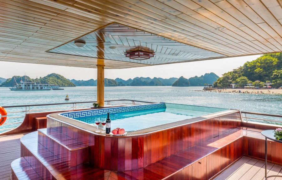 From Hanoi: 1-Day Halong 5-Star Cruise w/Jacuzzi & Limousine - Sunset party back on board: snacks with a view